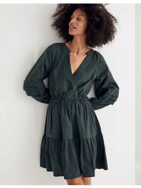 Madewell Crinkle Poplin Wrap Mini Dress Dark Palm Green Size S Cotton Tiered